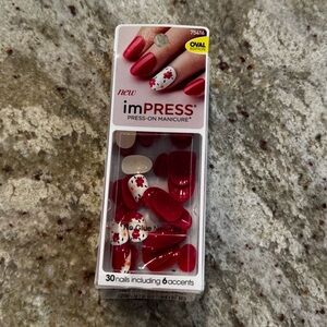imPRESS Press-On Manicure Oval Edition - Red with White Floral Accents